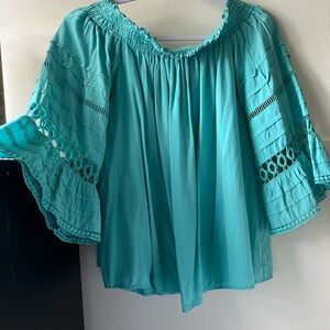 Aqua blue/ green Bell Sleeve Wide Neckline Blouse